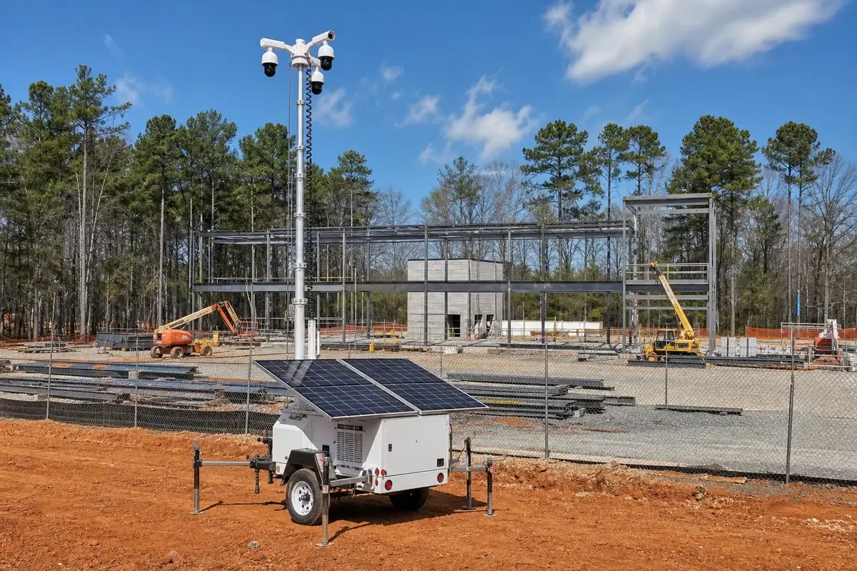 Mobile solar security tower monitoring a commercial construction site in Charlotte, North Carolina