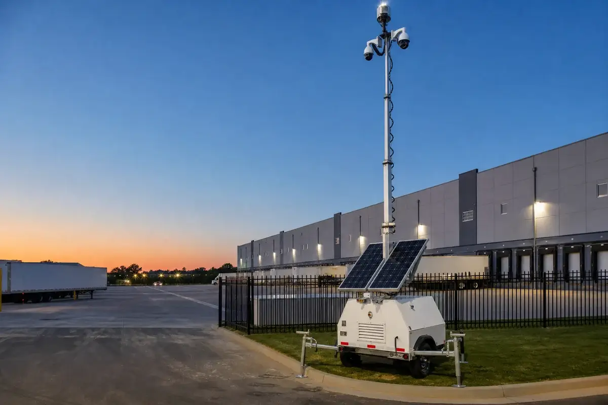 Mobile solar security tower monitoring a Charlotte logistics and distribution yard