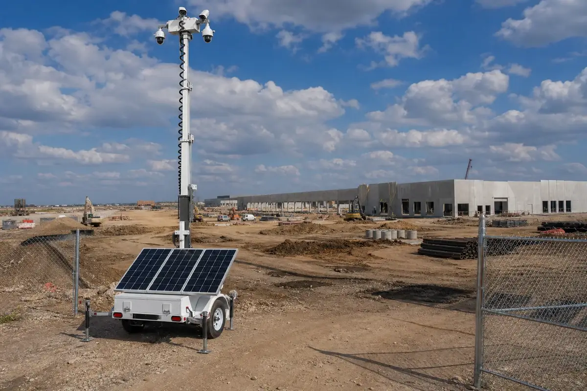 Mobile solar security tower monitoring a commercial construction site in Dallas, Texas