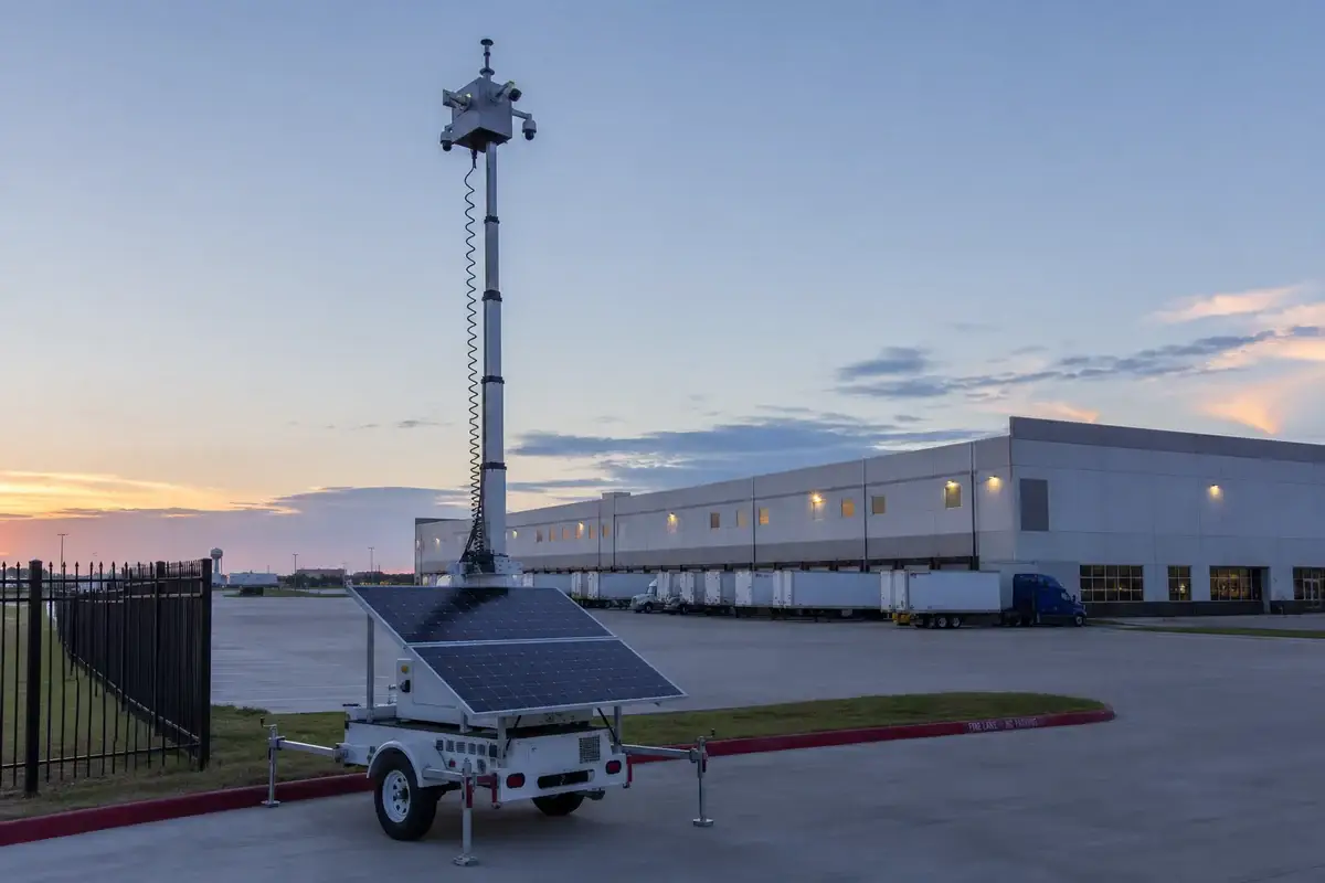 Mobile solar security tower monitoring a logistics and distribution yard in Dallas, Texas