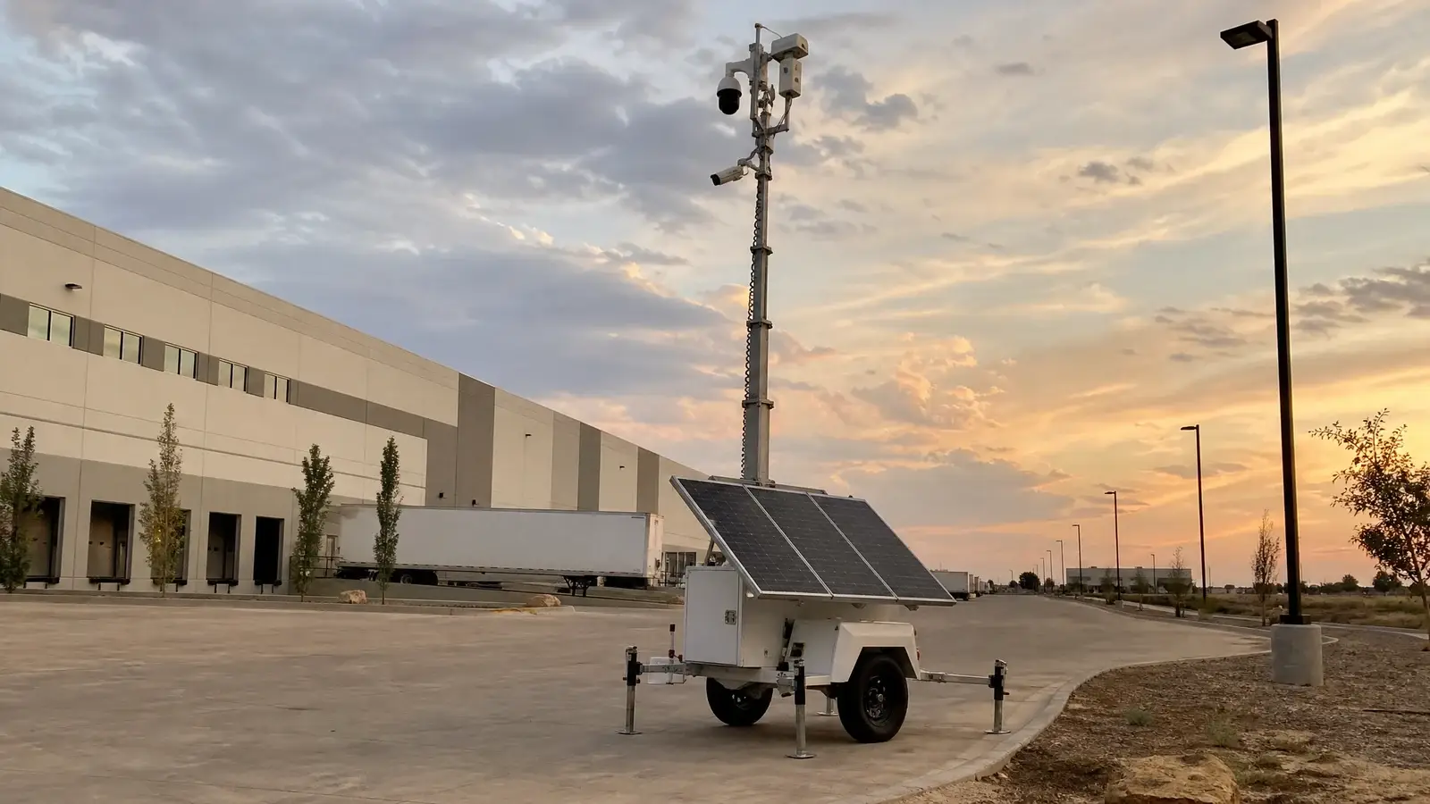 Mobile solar security tower protecting a commercial property in Dallas, Texas
