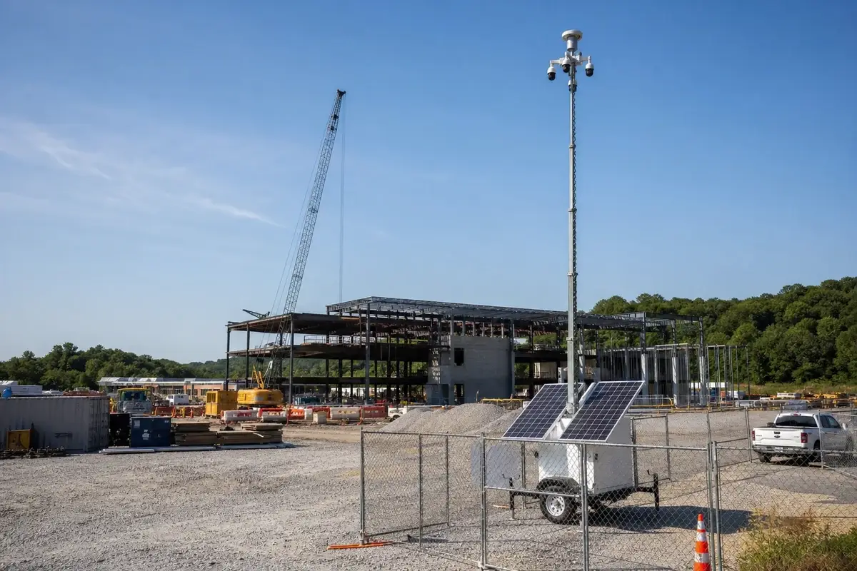Mobile solar security tower monitoring a commercial construction site in Huntsville, Alabama