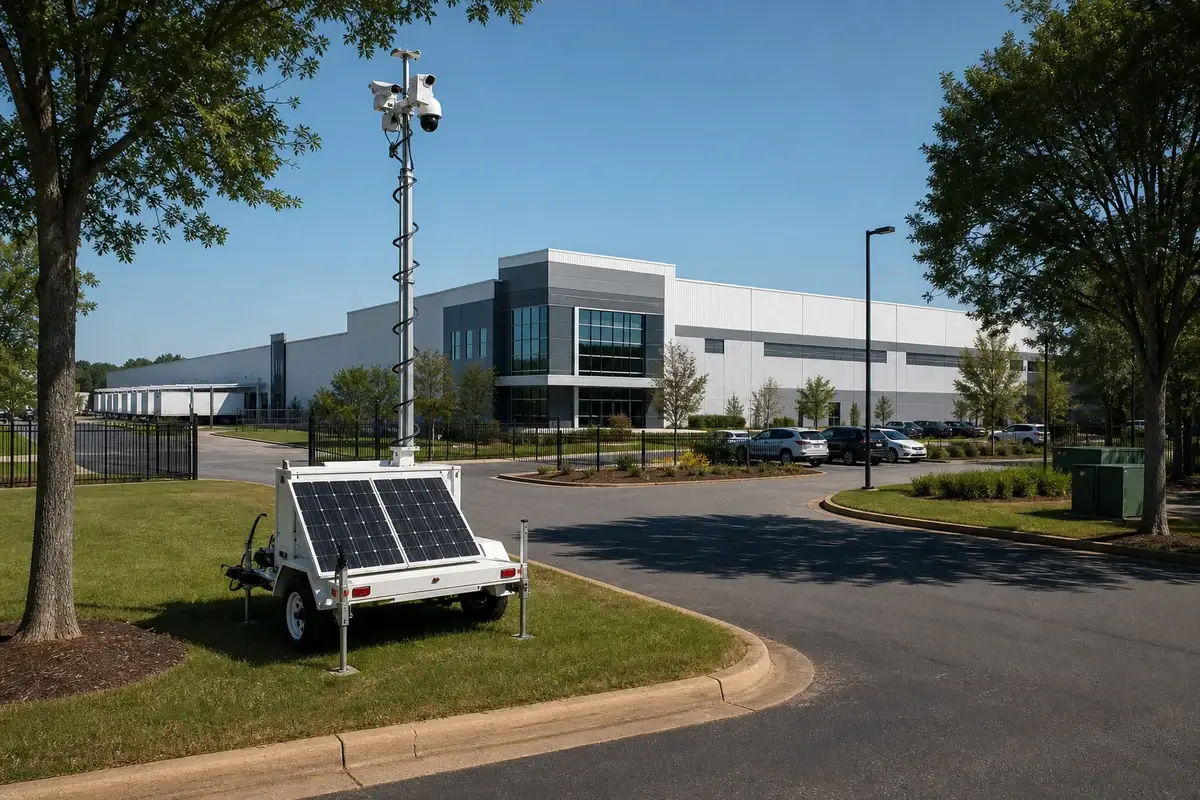 Mobile solar security tower monitoring an industrial and technology property in Huntsville, Alabama