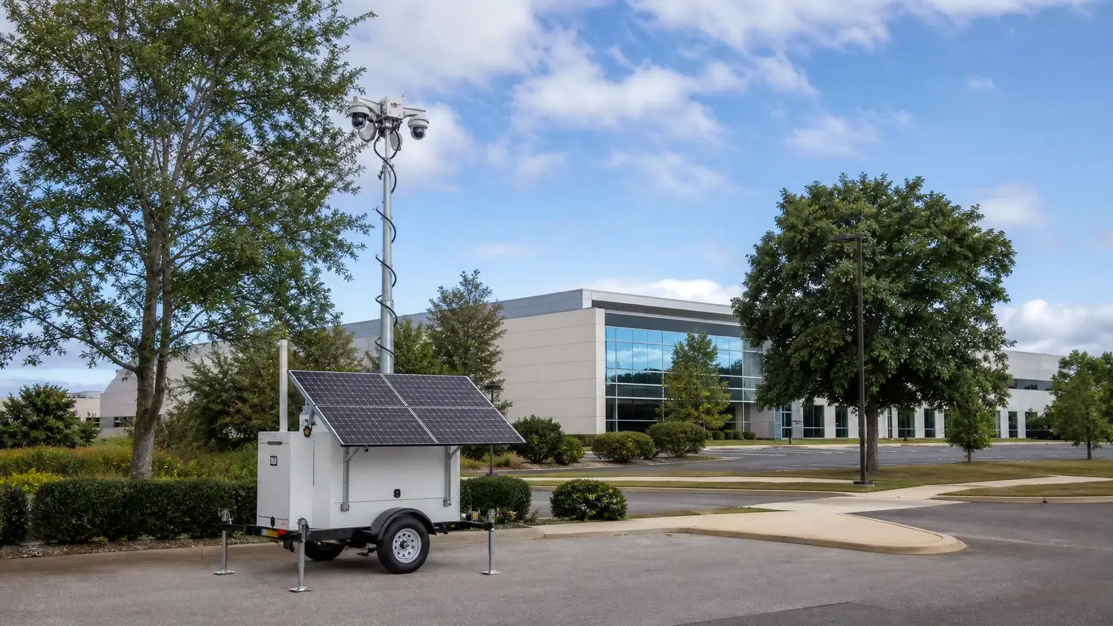 Mobile solar security tower protecting a commercial property in Huntsville, Alabama
