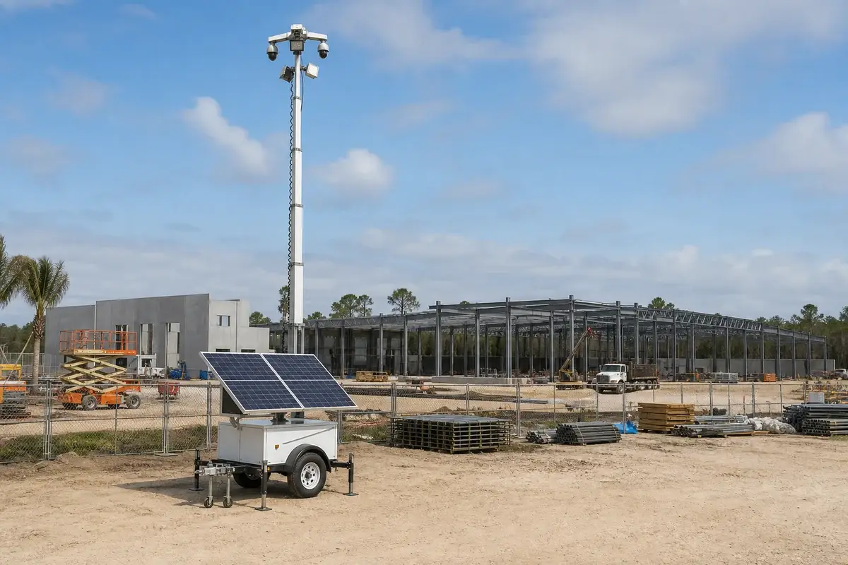 Mobile solar security tower monitoring a commercial construction site in Orlando, Florida