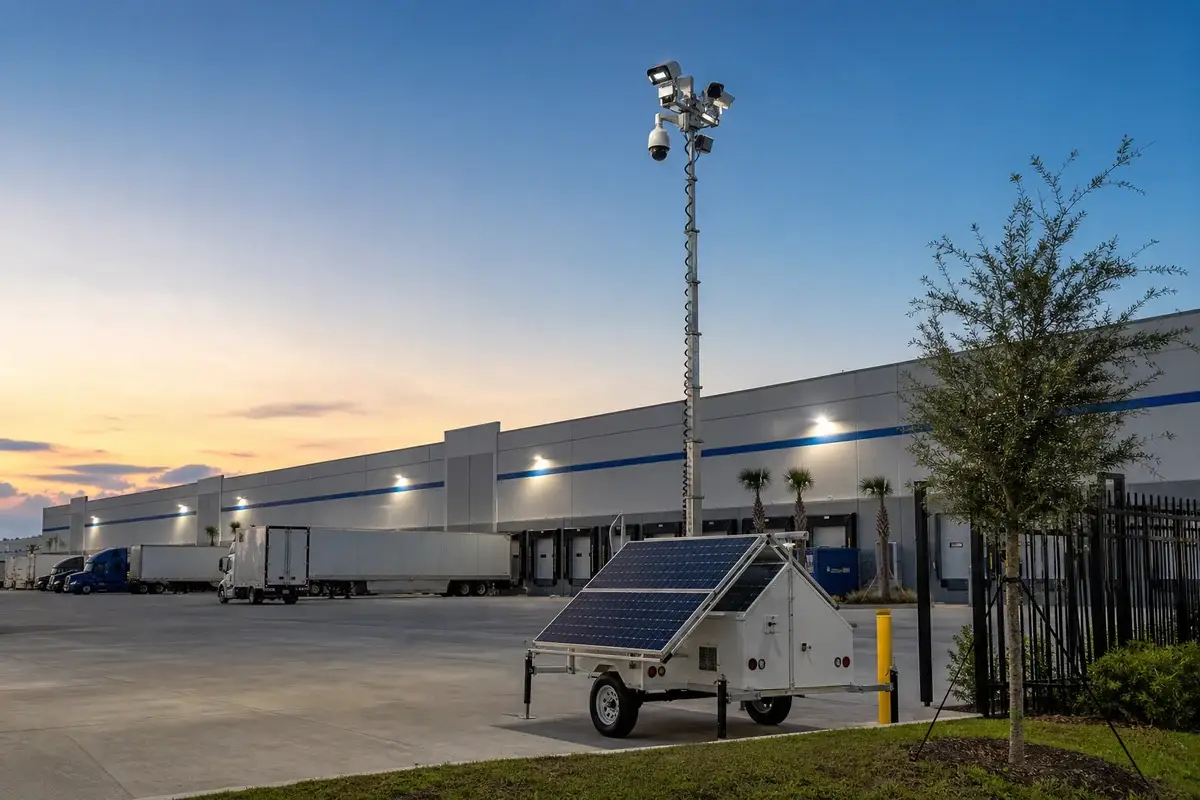 Mobile solar security tower monitoring a logistics and distribution yard in Tampa, Florida