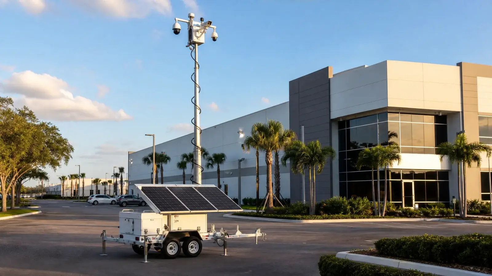 Mobile solar security tower protecting a commercial property in Tampa, Florida