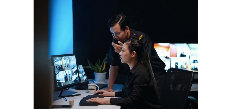 Security consulting team reviewing commercial facility plans