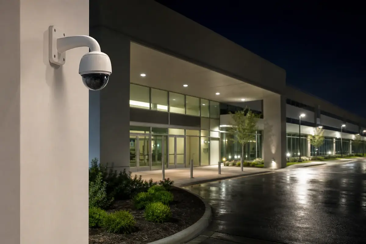 Commercial surveillance camera positioned for video analytics at a business property