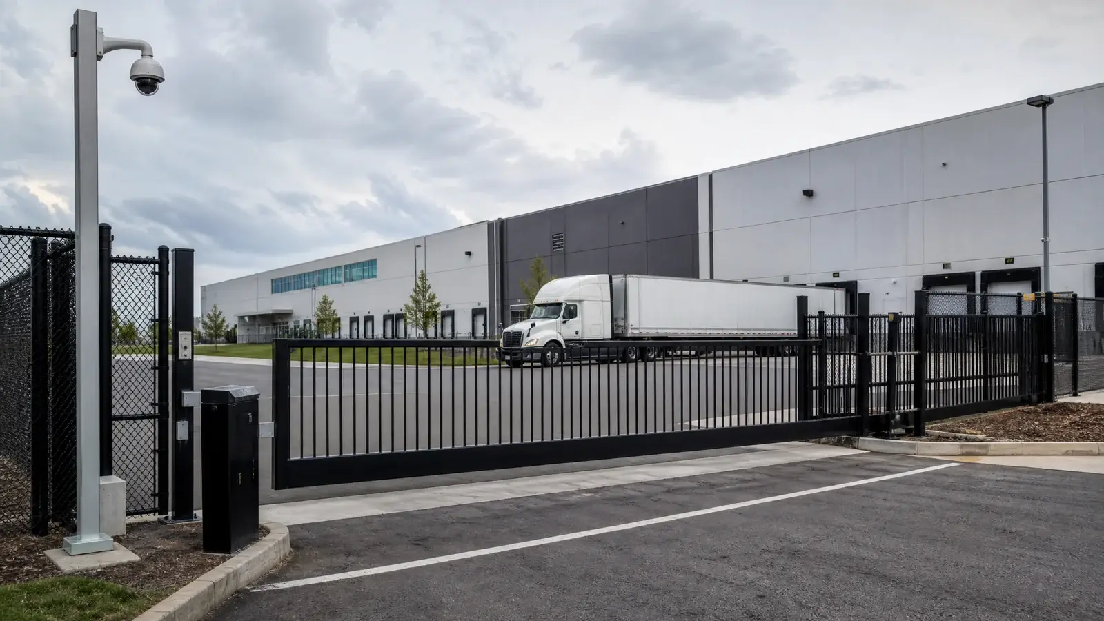 Commercial gate operator controlling vehicle entry at a warehouse distribution center
