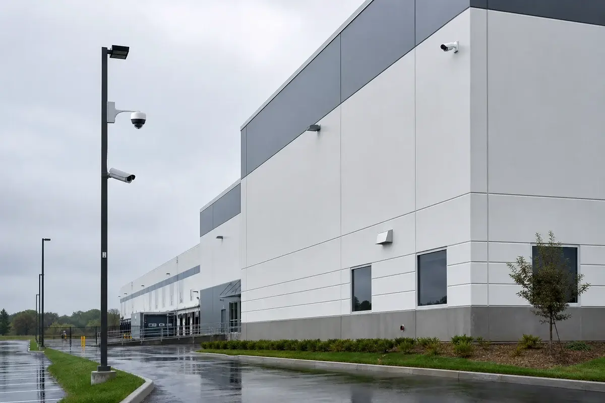 Permanent commercial surveillance cameras installed around a warehouse property