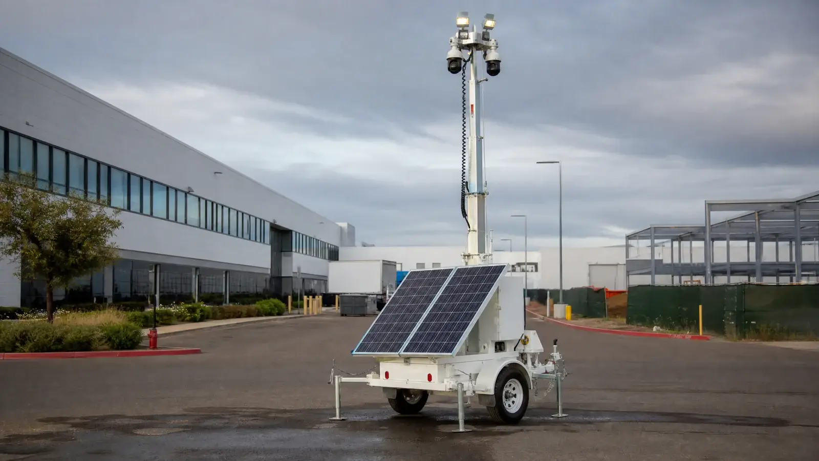 Mobile security tower protecting a changing commercial property
