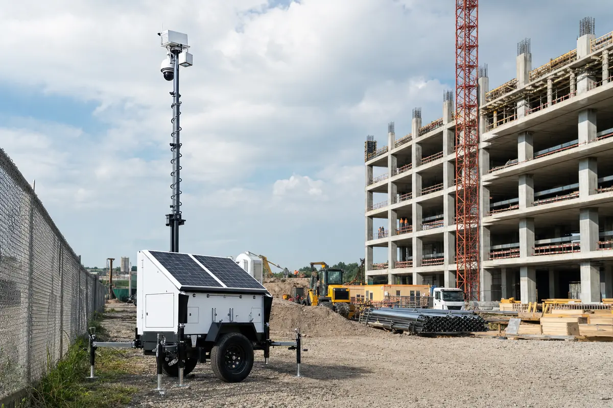 Mobile security tower monitoring an active commercial construction site
