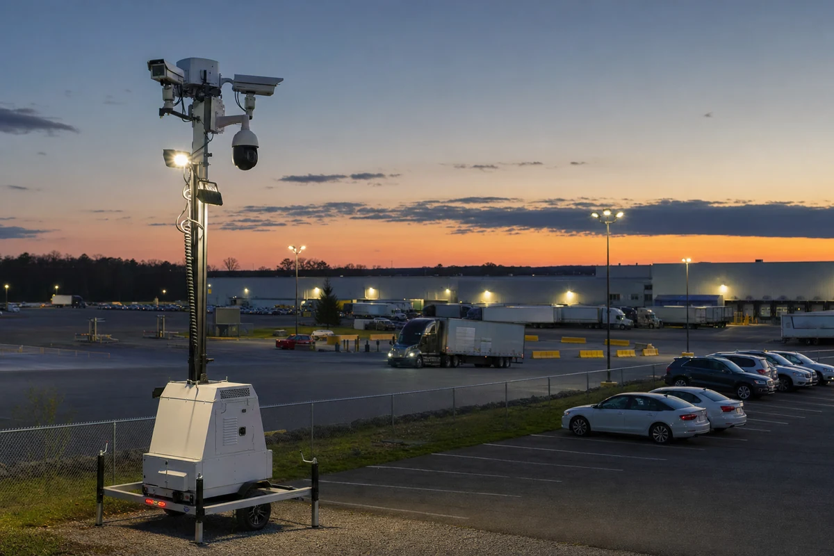 Mobile security tower monitoring a commercial parking and logistics yard