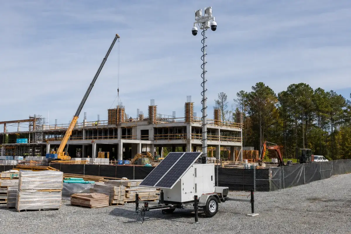 Mobile solar security tower monitoring a commercial construction site in Atlanta, Georgia