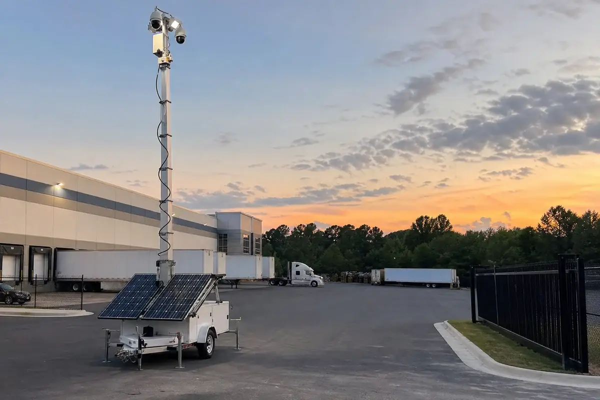 Mobile solar security tower monitoring a logistics and vehicle yard in Atlanta, Georgia