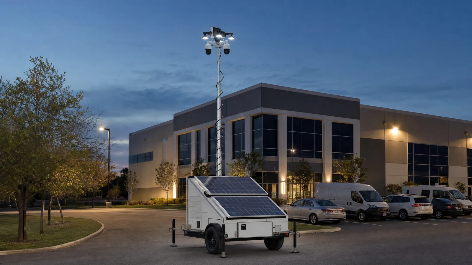 Mobile solar security tower protecting a commercial property