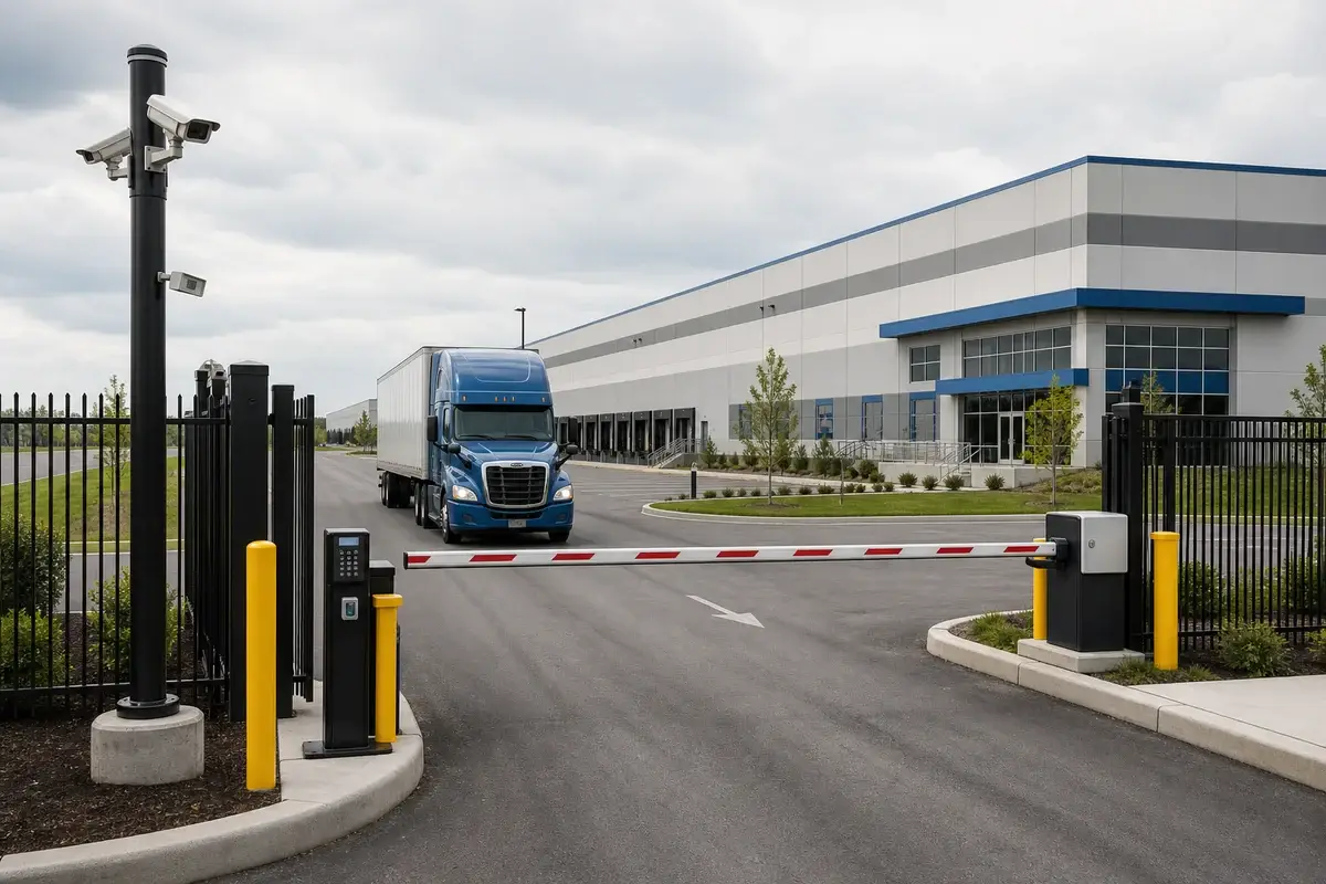 Controlled warehouse vehicle entrance with commercial gate surveillance and access security