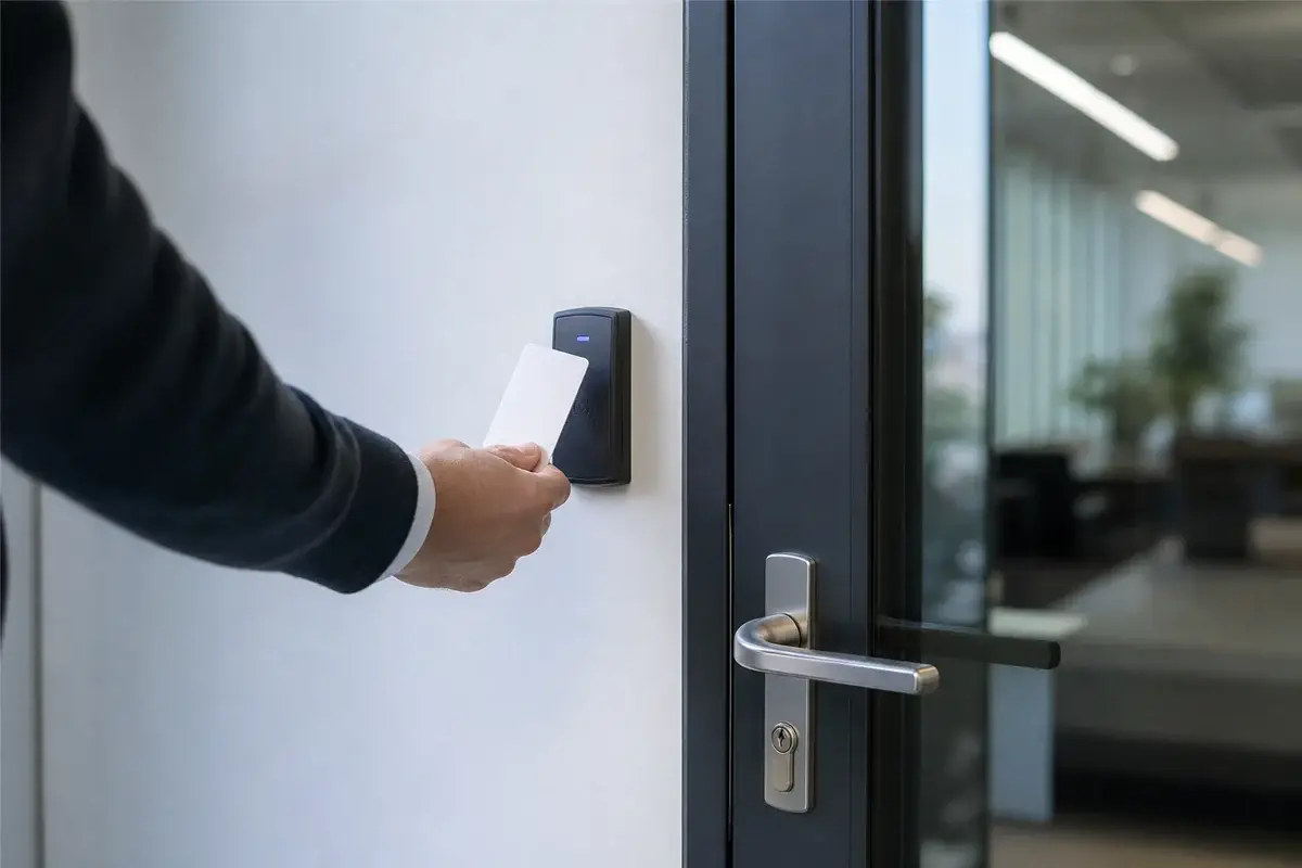 Commercial door access reader used for secure employee credentials