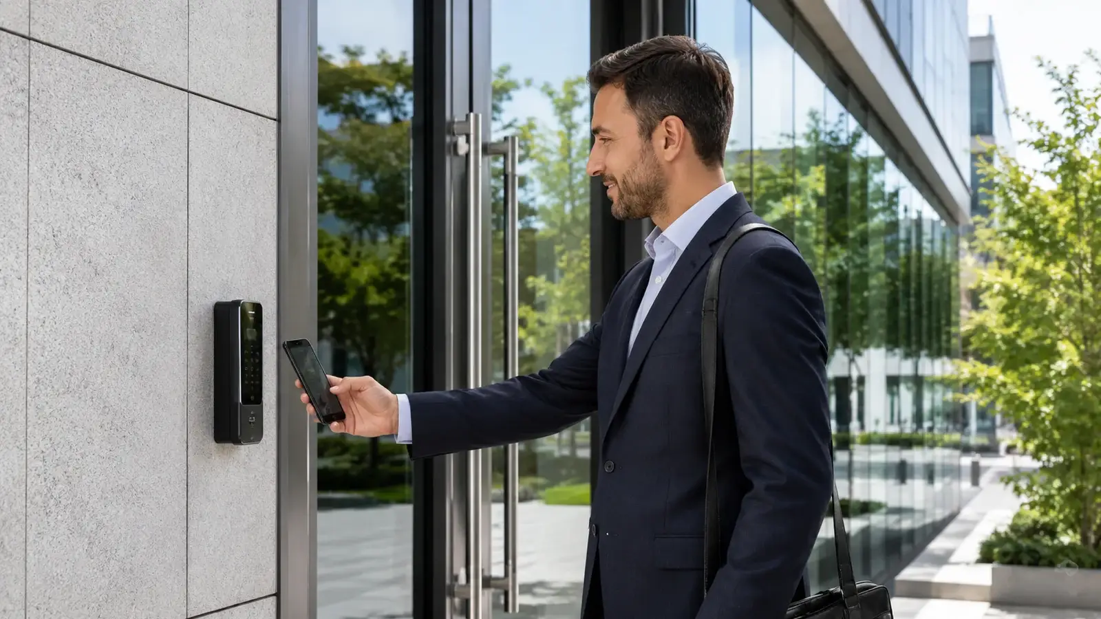 Commercial access control system securing a modern business entrance