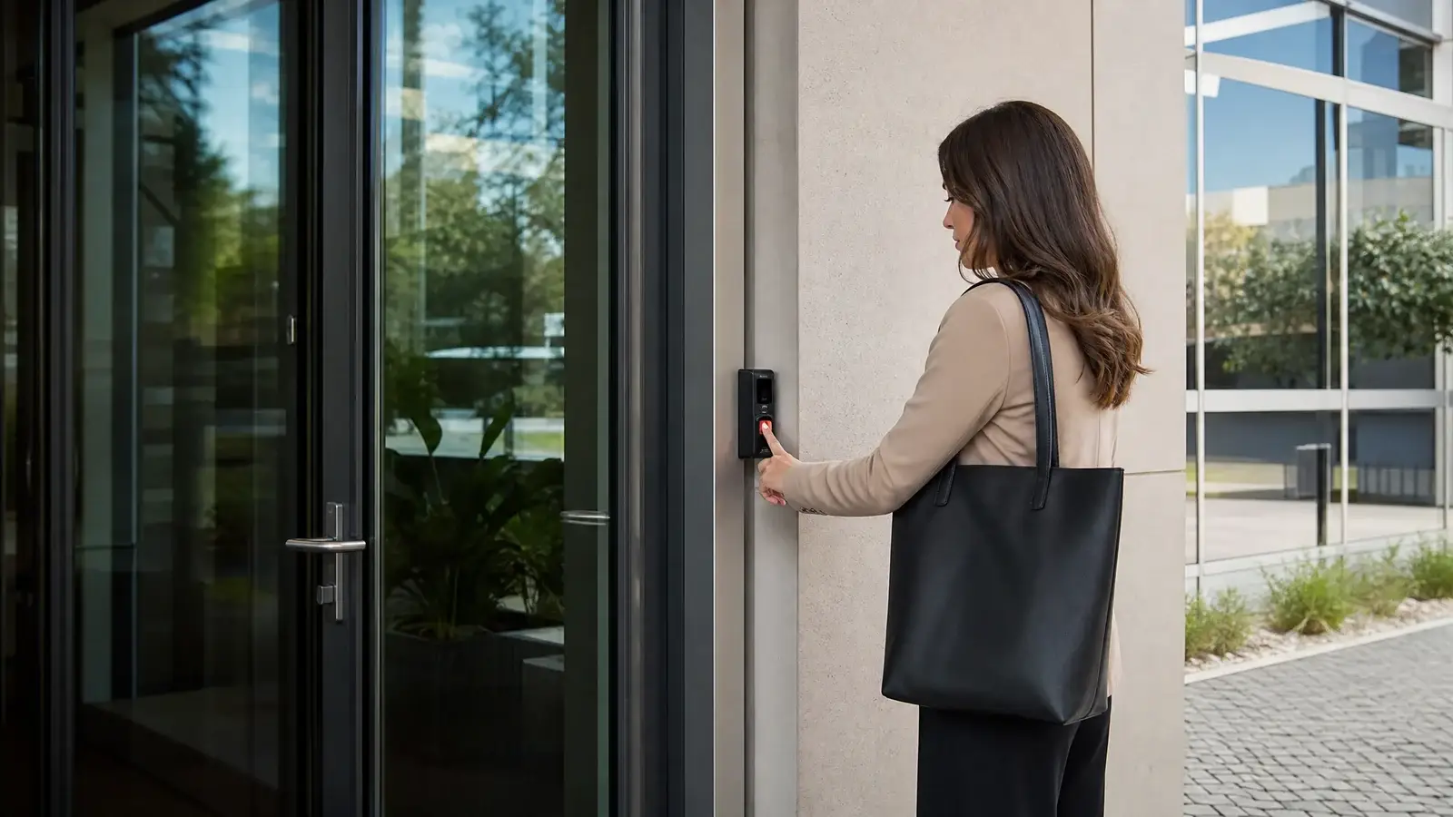 Commercial biometric access control securing a modern enterprise entrance