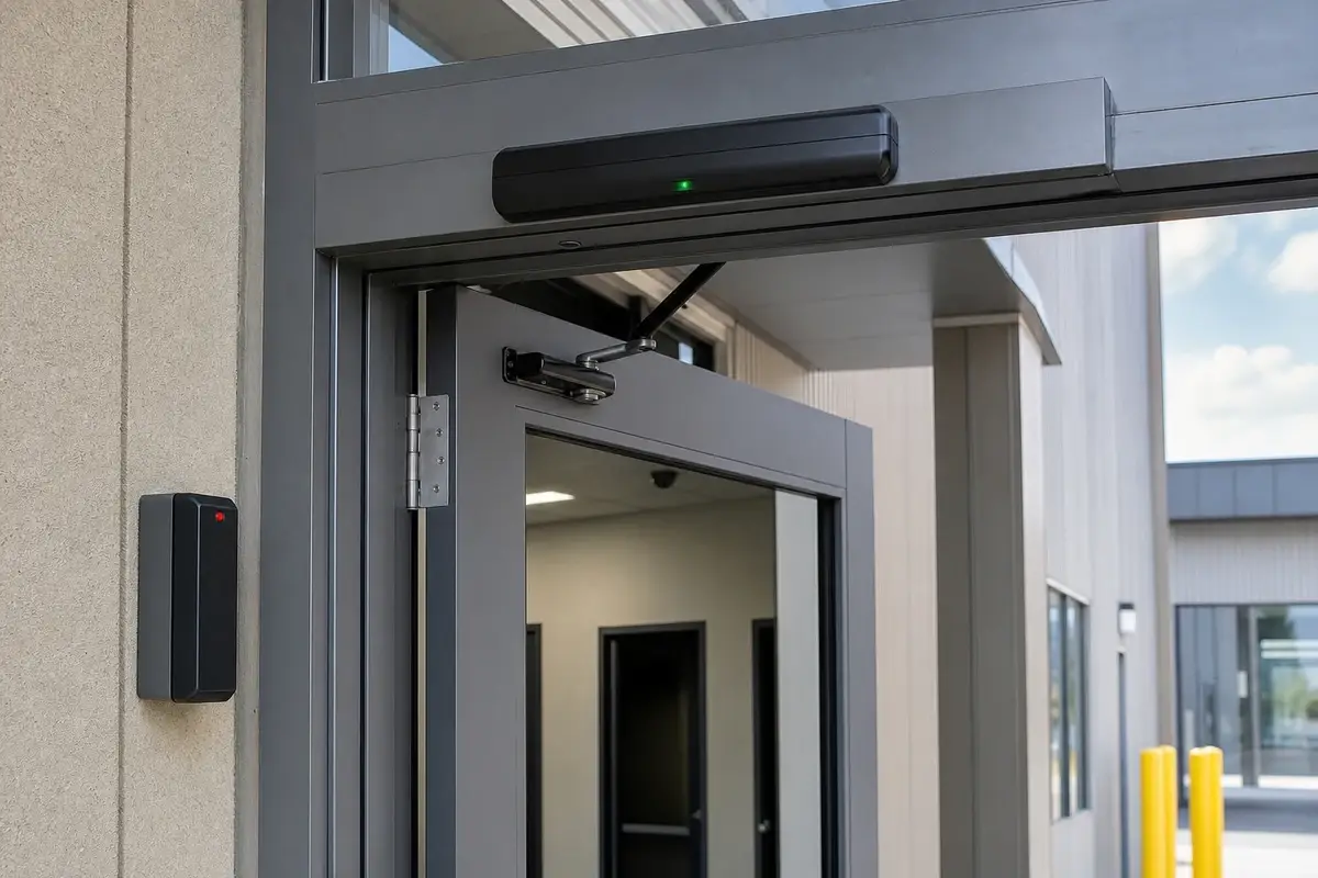 Commercial door intrusion sensor at a secured business entrance
