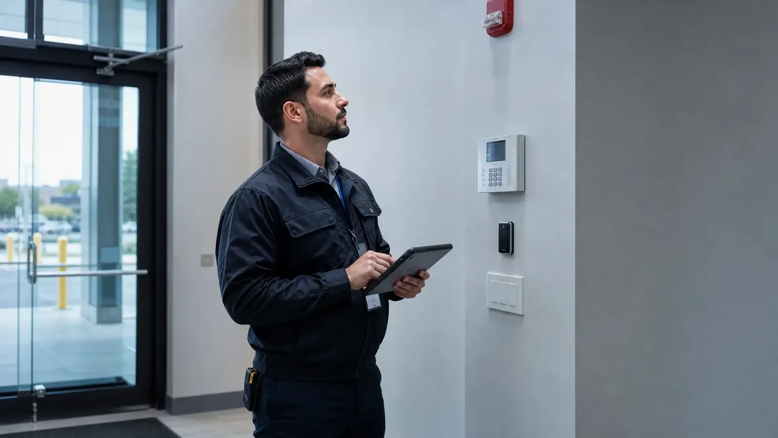 Commercial intrusion alarm system protecting a modern business facility