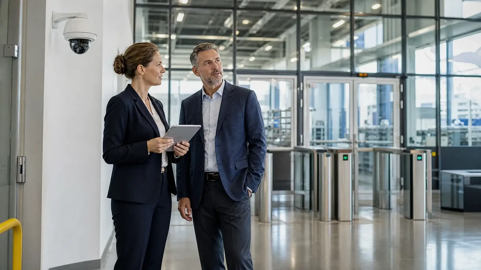 Commercial security consultant reviewing facility requirements with a business leader