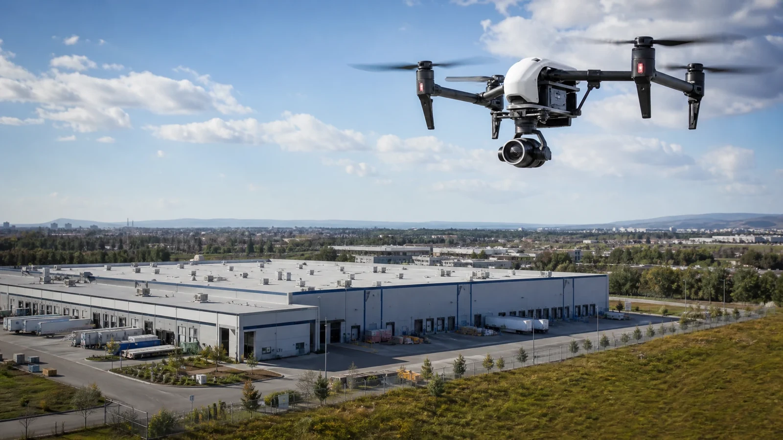 Commercial surveillance drone supporting security observation at an industrial facility