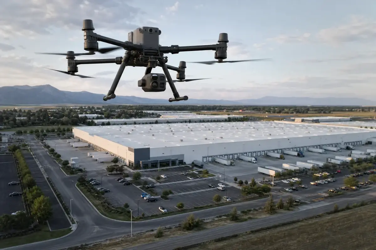 Multisensor commercial drone overlooking a large business property