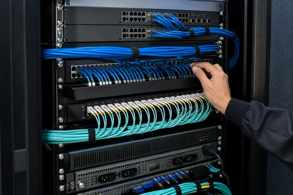 Organized fiber and copper cabling in a commercial network rack