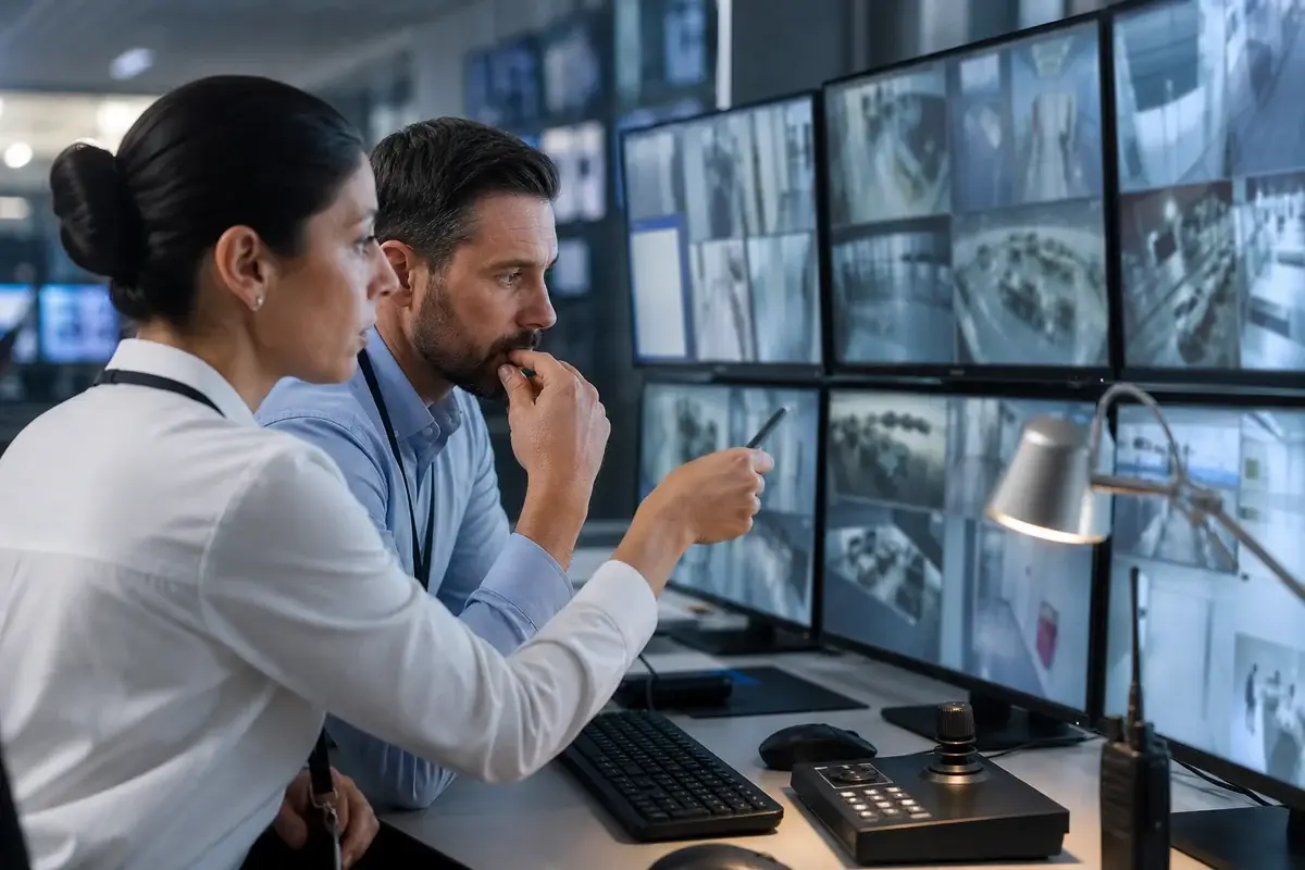 Commercial security team reviewing surveillance video with analytics