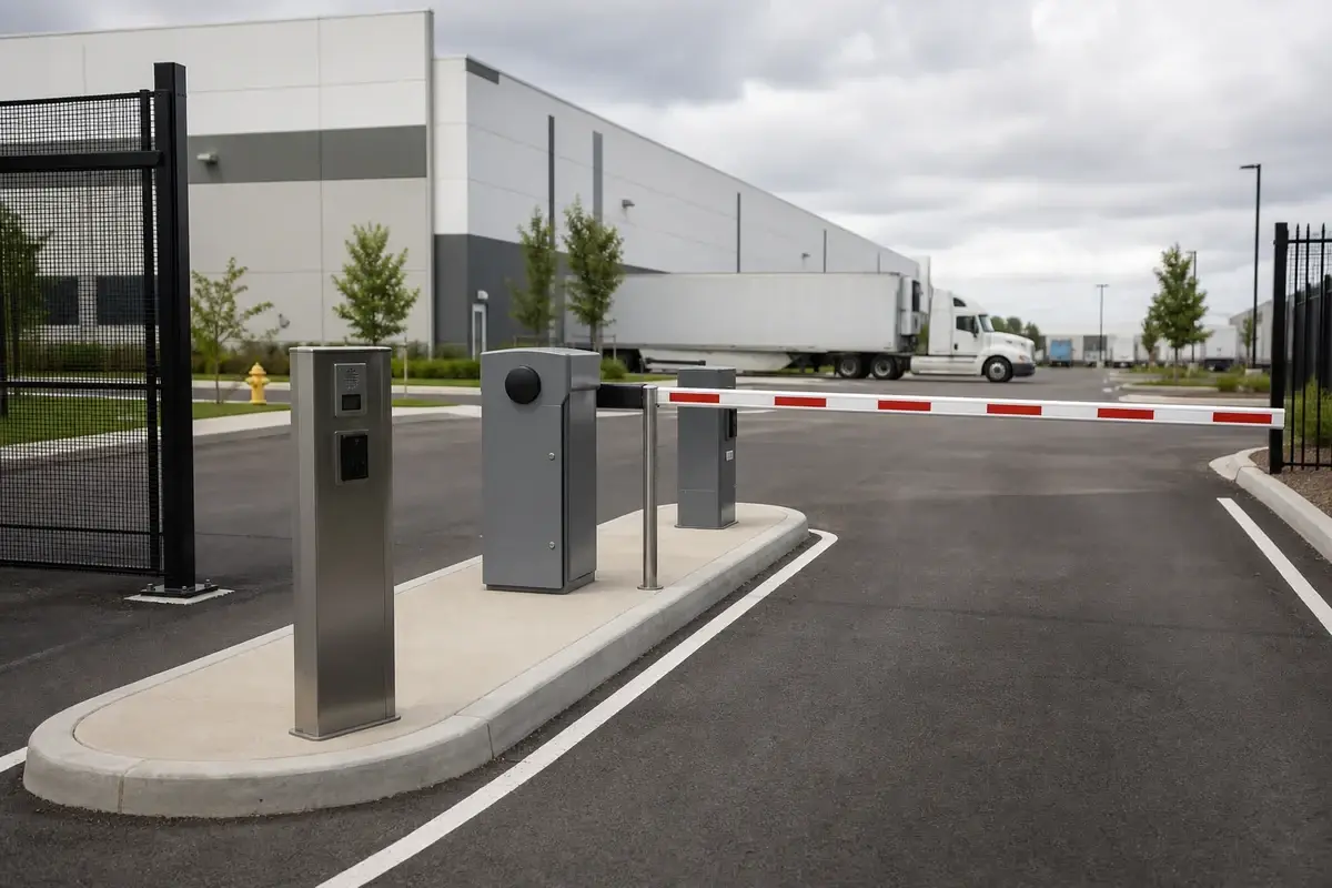 Barrier gate controlling vehicle access at a warehouse distribution property